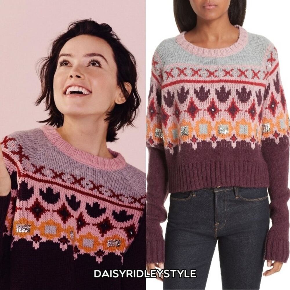CINQ a SEPT Gianni Fair Isle Sweater Burgundy Wool Sequins Geometric small‎ NEW